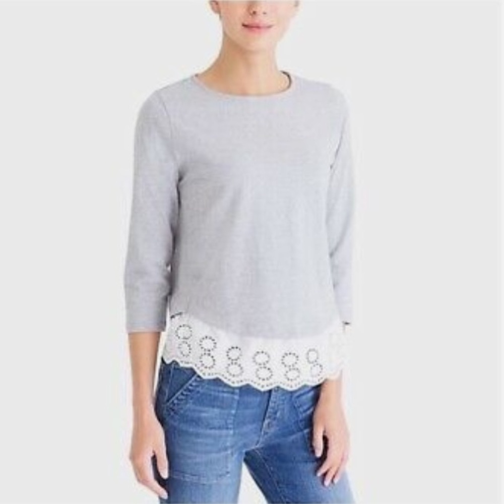J. Crew Women's Small Top Eyelet Lace Hem Gray White 3/4 Sleeve